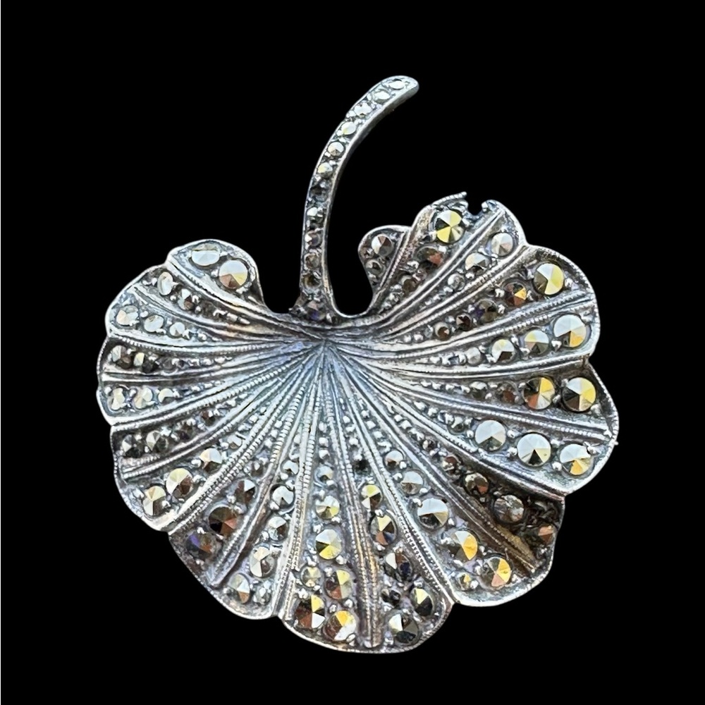 Vintage Marcasite Sterling Silver Leaf Brooch